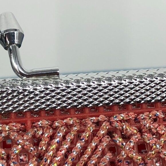 Pink Salmon shade sparkly crochet Metallic Clutch handheld clasp Purse - Picture 7 of 13